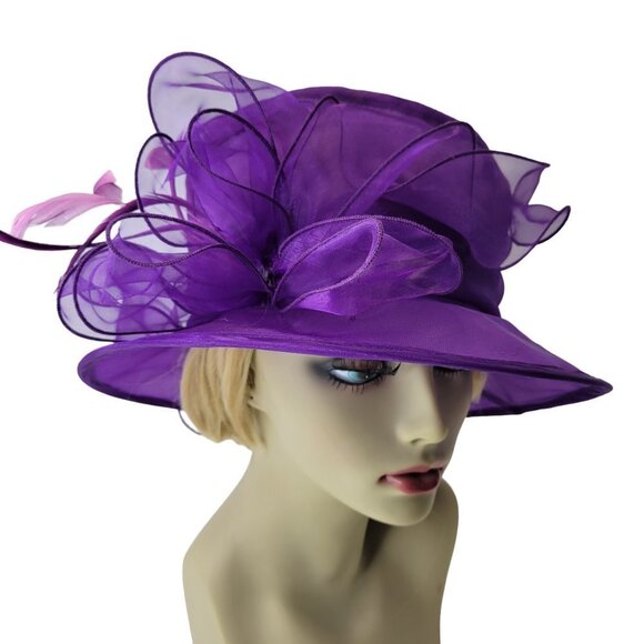 Purple Dress Hat Crushable Packable Deep Purple Satin Band and Pink Feathers - Picture 5 of 15